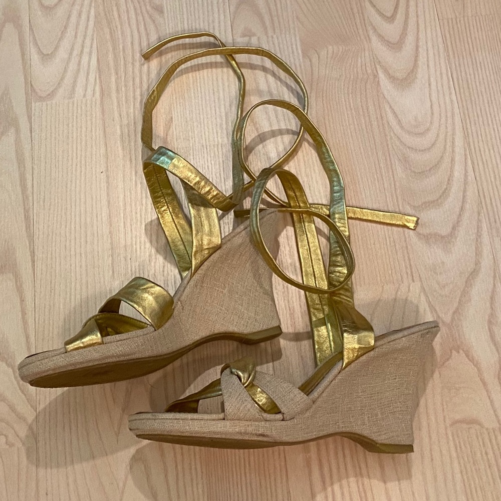 Arturo Chiang Gold Lace-Up Espadrille Wedges